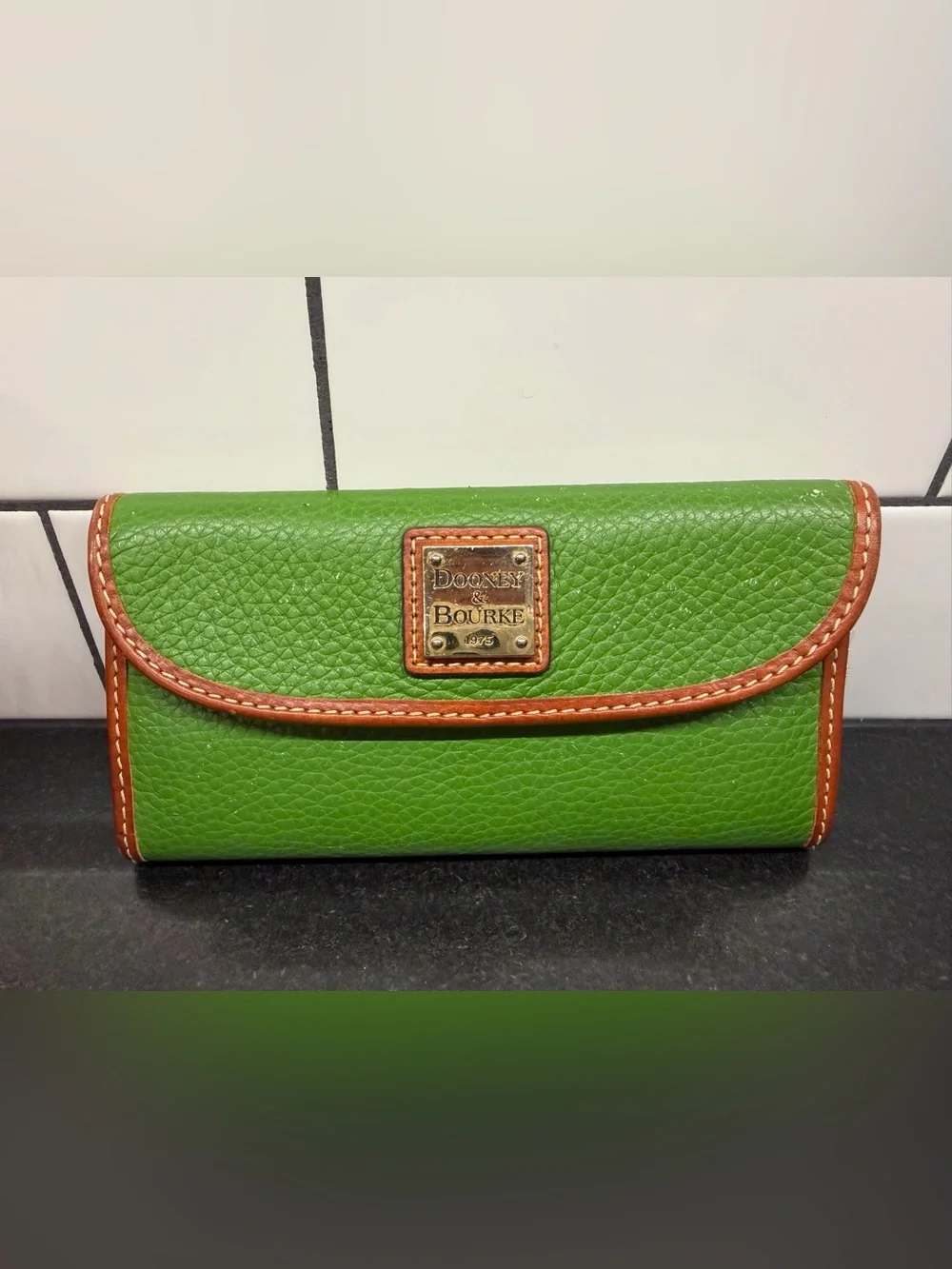 Dooney & Bourke Green Pebbled Leather Continental Wallet with Brown Trim